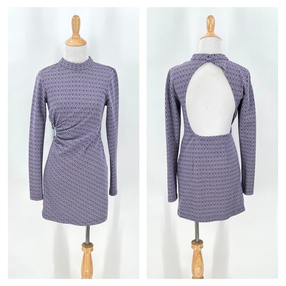 ZARA Jacquard Long Sleeve Cut Out Open Back Mini Dress Womens Small Purple Heart - Picture 4 of 16